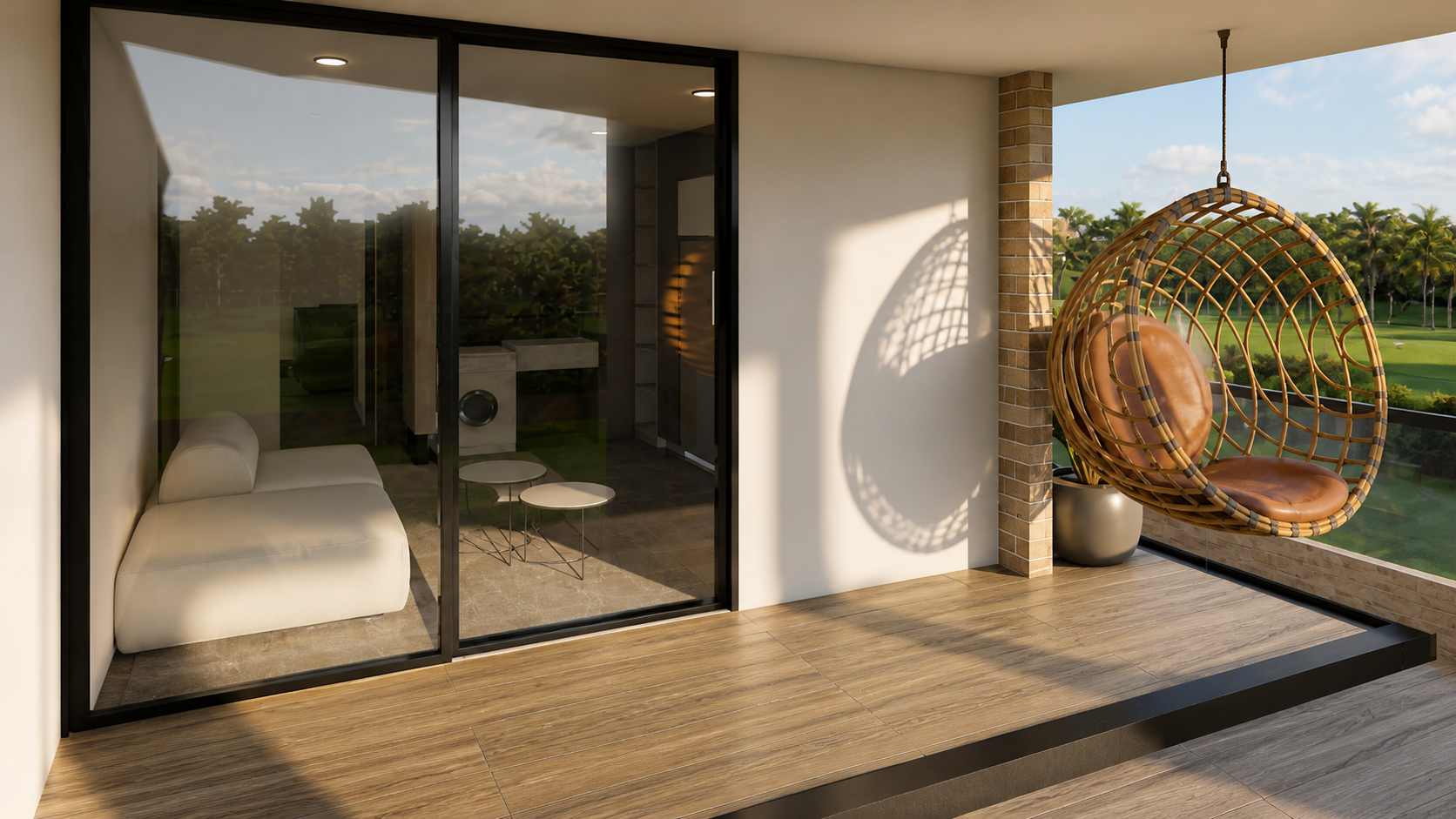 Balcón y espacio interior de una suite