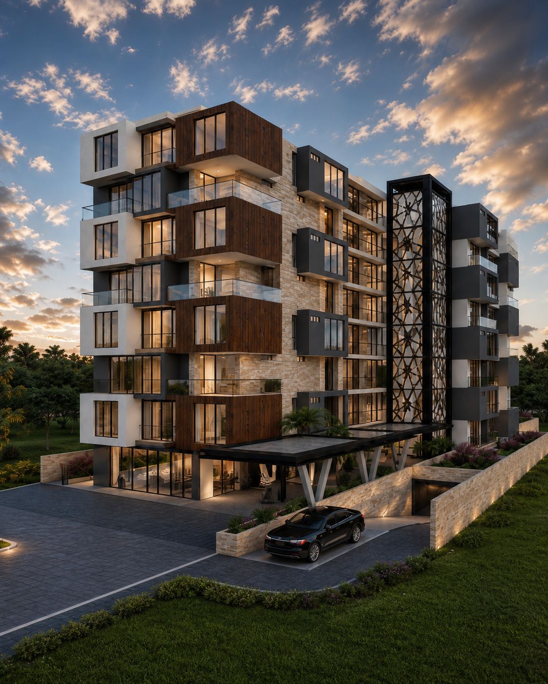 Vista vertical de la arquitectura de 125 Garden Suites